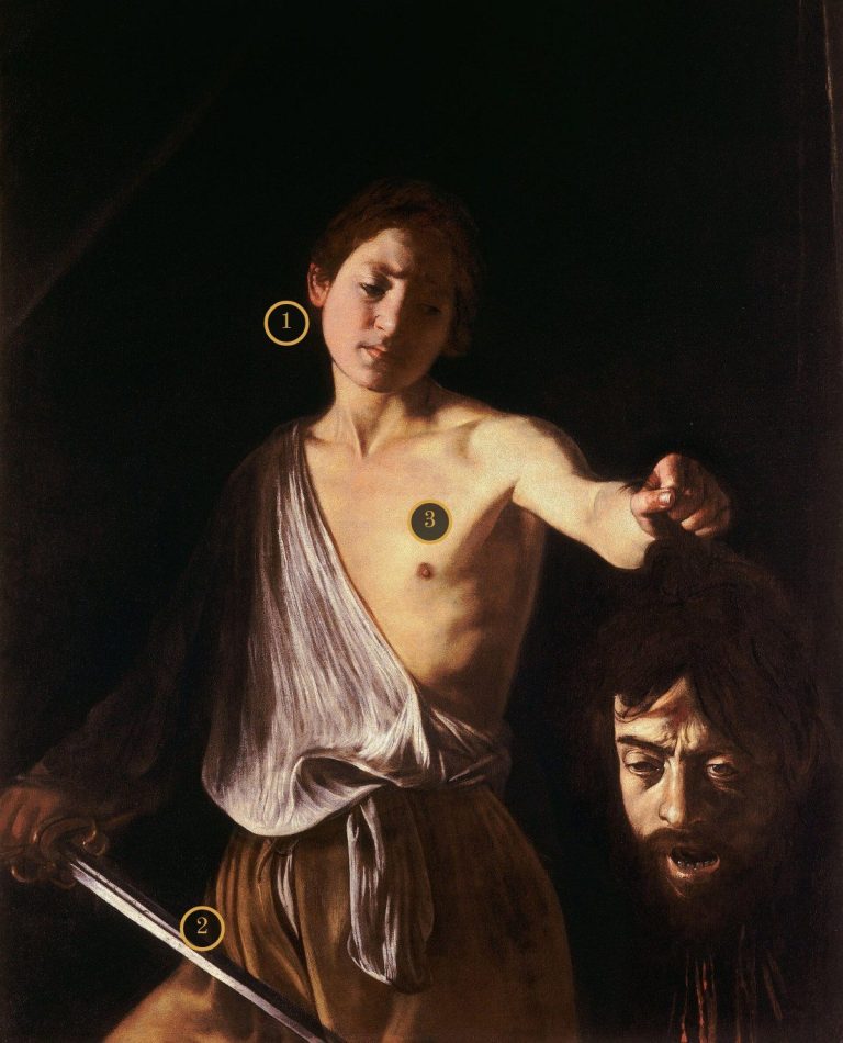 Caravaggio, David con la cabeza de Goliat. Tres llamadas señalan el rostro de David, la espada limpia y la luz sobre el torso.