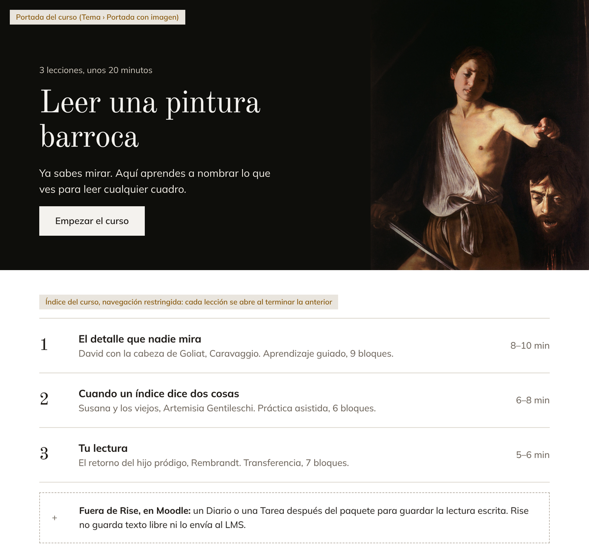 Storyboard de la portada y el índice del curso en Rise, con sus tres lecciones y su duración.