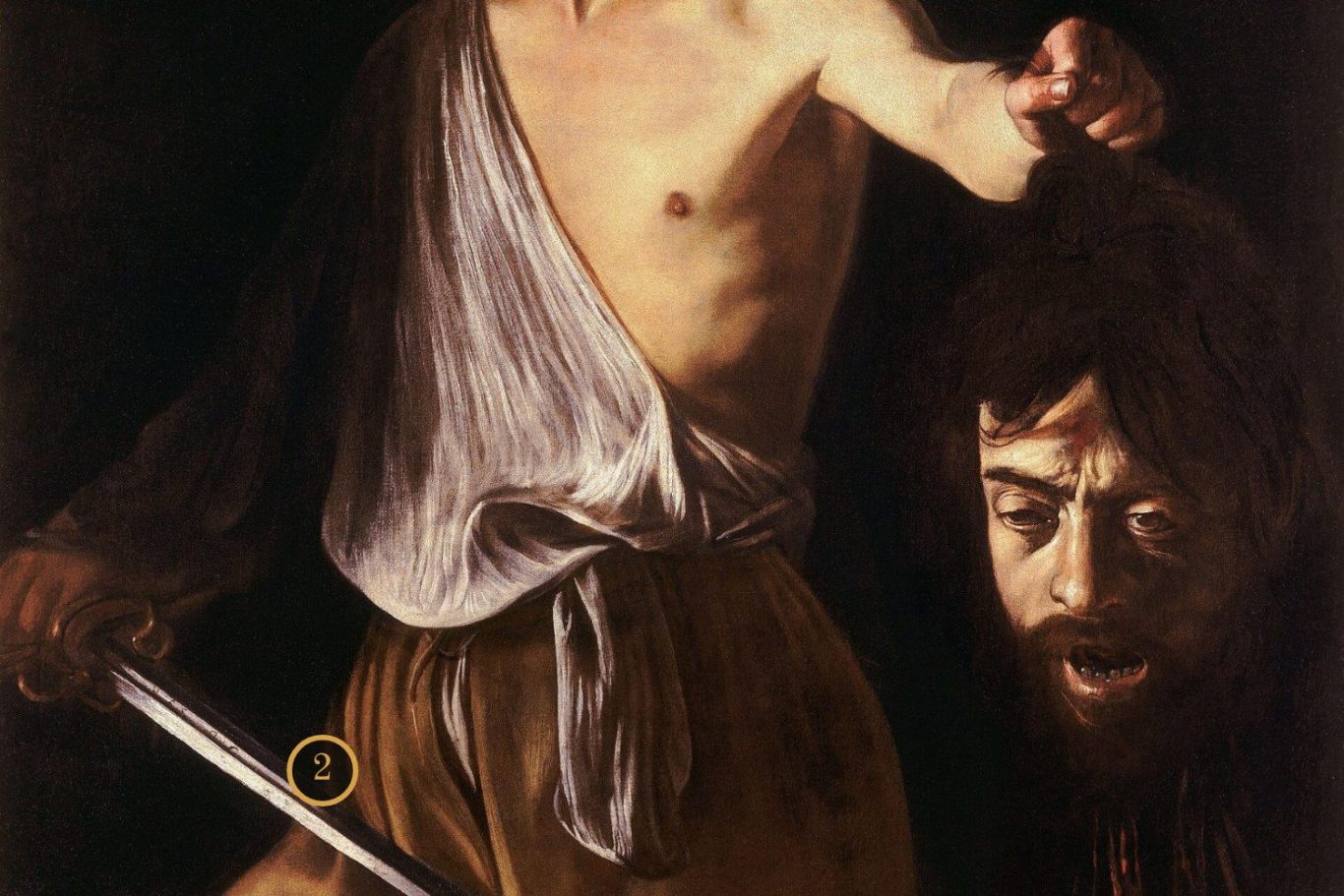 Detalle de David con la cabeza de Goliat, de Caravaggio: la espada sin sangre, marcada con el número 2.