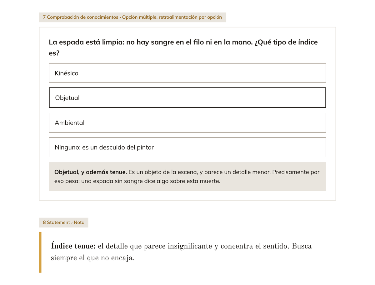 Storyboard de la comprobación sobre la espada limpia y de la nota sobre el índice tenue.