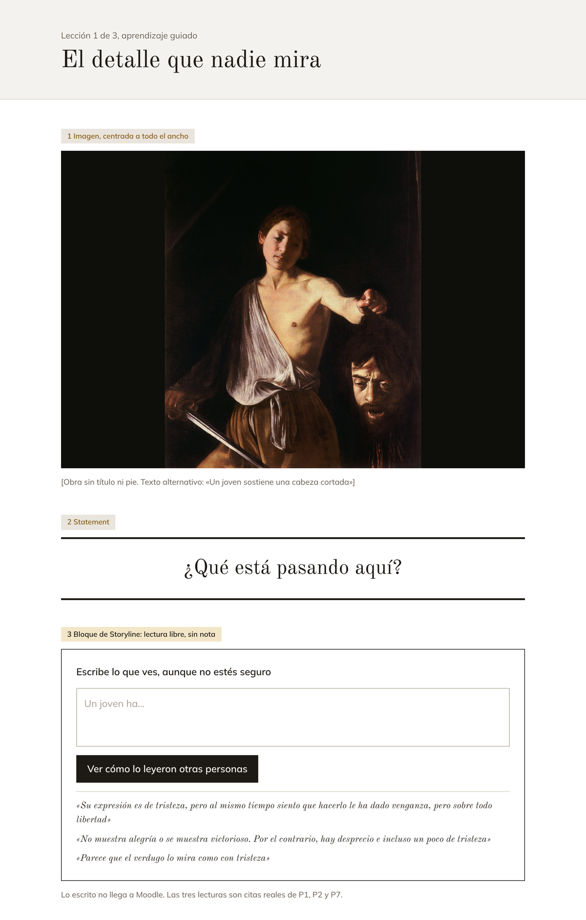 Storyboard de la apertura de la lección 1: la pintura sin título, la pregunta y el bloque de lectura libre.